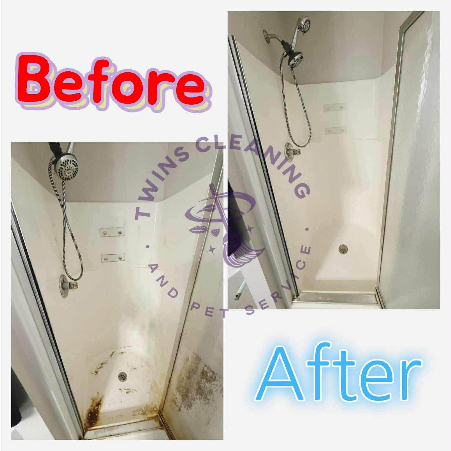 A brown shower door with spots of mold and hard water around the drain and along the bottom left. The remainder is solid g...