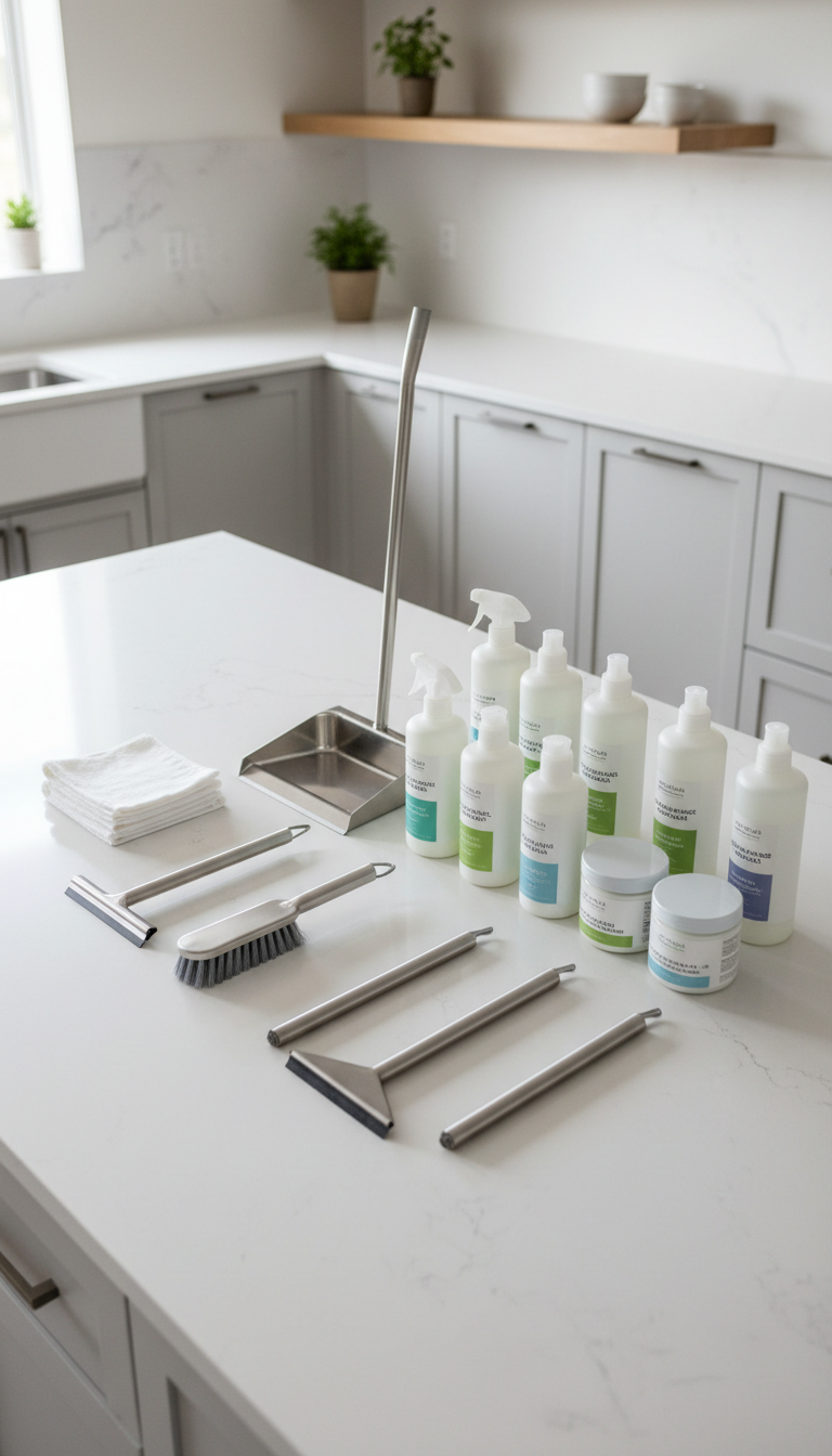 A meticulously organized array of high-end, stainless steel cleaning tools and unopened eco-friendly cleaning products arranged neatly on a gleaming quartz countertop. The backdrop is a spotless, modern kitchen with subtle neutral cabinetry and tidy open shelving, evoking a professional workspace. Abundant natural daylight streams in through an off-camera window, producing crisp highlights on metal surfaces and gentle shadows beneath each item, resulting in a fresh, hygienic ambiance. The composition is photographed from an elevated angle, perfectly balanced and structured, with sharp focus throughout. The mood is crisp, efficient, and reassuringly professional, aligning with a clean, contemporary corporate aesthetic in photographic realism.