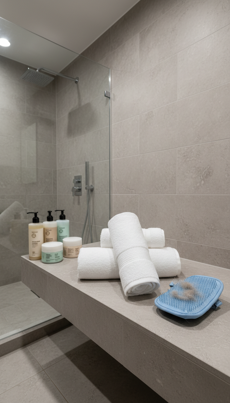 A pair of freshly laundered, crisp white towels folded symmetrically on a smooth stone bench, accompanied by a cluster of quality pet care shampoos and a well-brushed pet grooming mitt. The scene is set within a pristine bathroom featuring neutral stone tiling and a frameless glass shower, representing both cleanliness and pet-friendly service. The lighting is soft overhead LED, clean and shadow-minimizing, effortlessly bringing out the textures and details of the towels and grooming tools. Shot from a slightly elevated, wide angle, the composition is organized and balanced. The mood is orderly, tranquil, and quintessentially professional, fitting the corporate, photographic style.